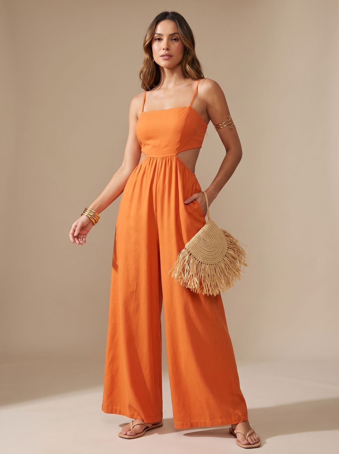 Women's Cutout Wide-Leg Spaghetti-Strap Jumpsuit - Orange