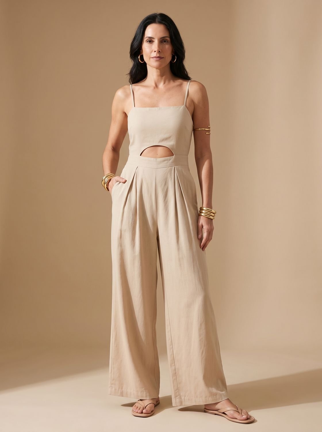 Women's Cutout Wide-Leg Spaghetti-Strap Jumpsuit - Beige
