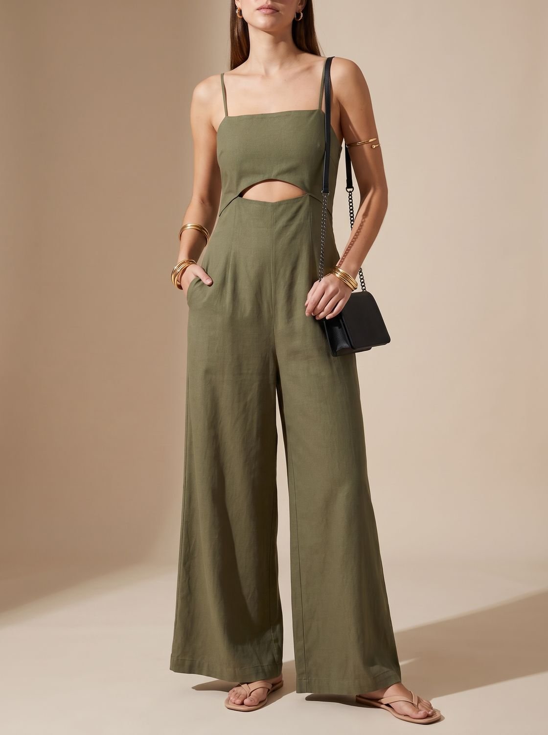 Women's Cutout Wide-Leg Spaghetti-Strap Jumpsuit - Green