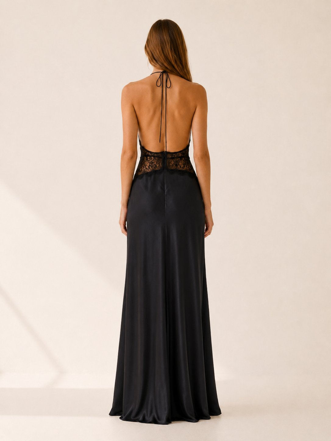 Women's Deep-Plunge Halter-Neck Lace-Waist Backless Maxi Dress