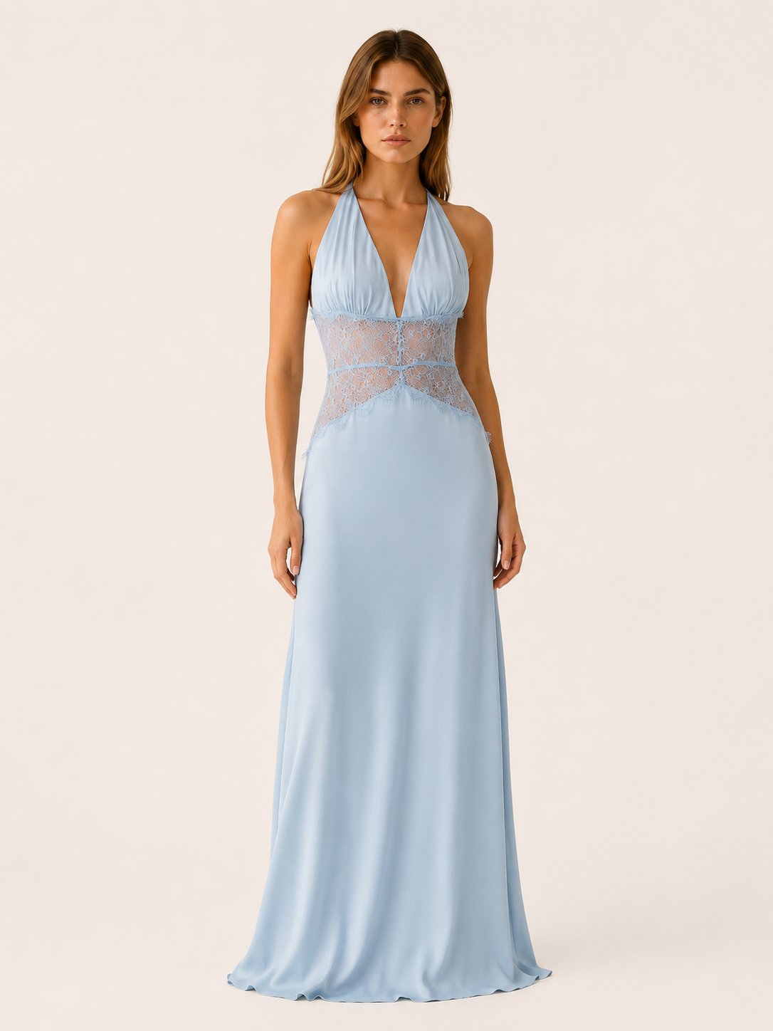 Women's Deep-Plunge Halter-Neck Lace-Waist Backless Maxi Dress - Blue