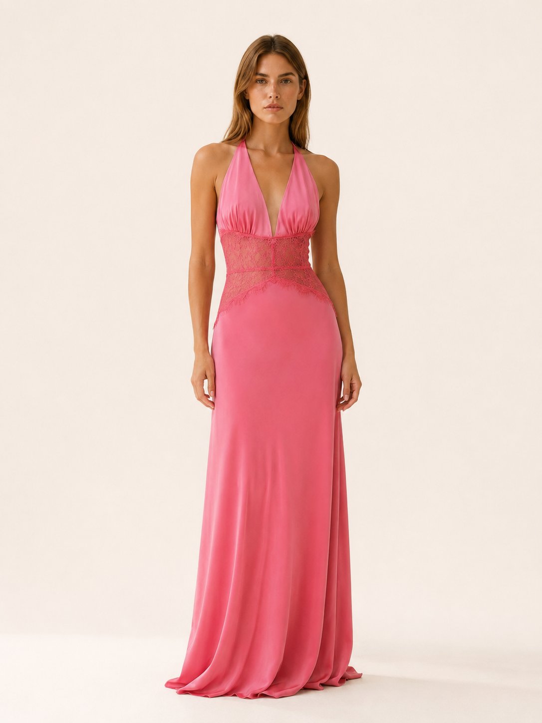 Women's Deep-Plunge Halter-Neck Lace-Waist Backless Maxi Dress - Pink