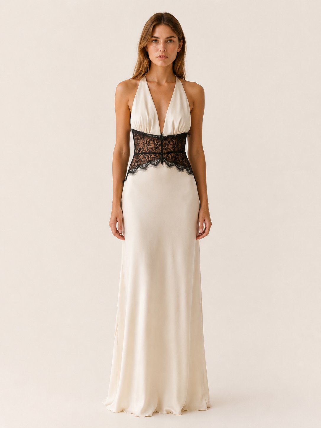 Women's Deep-Plunge Halter-Neck Lace-Waist Backless Maxi Dress - White