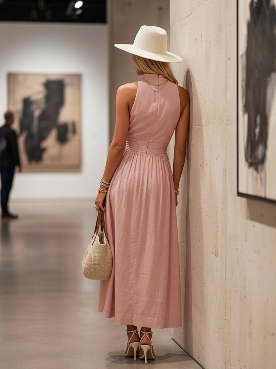 Women's Deep V-Halter Ruched Waist Flowy Linen-Blend Maxi Dress