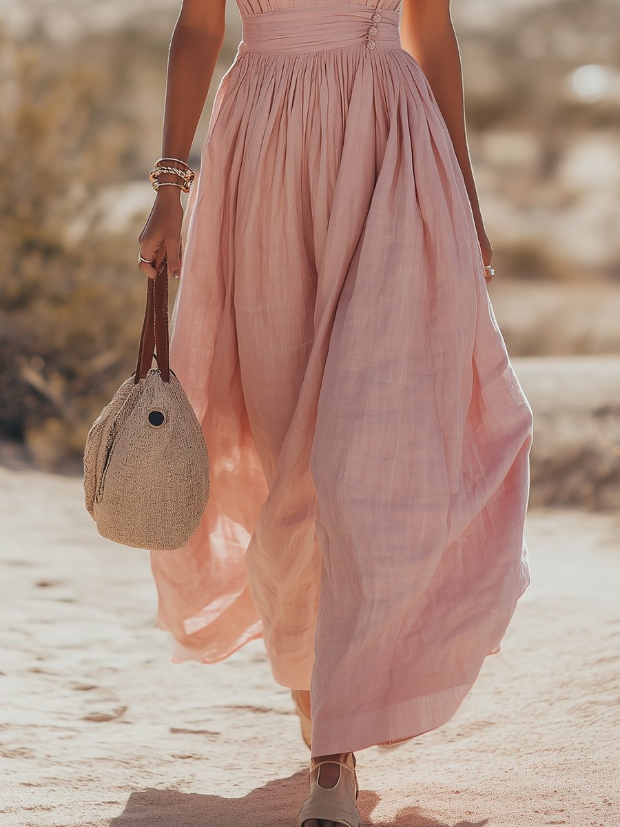 Women's Deep V-Halter Ruched Waist Flowy Linen-Blend Maxi Dress