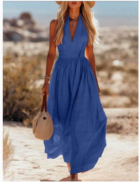 Women's Deep V-Halter Ruched Waist Flowy Linen-Blend Maxi Dress - Blue