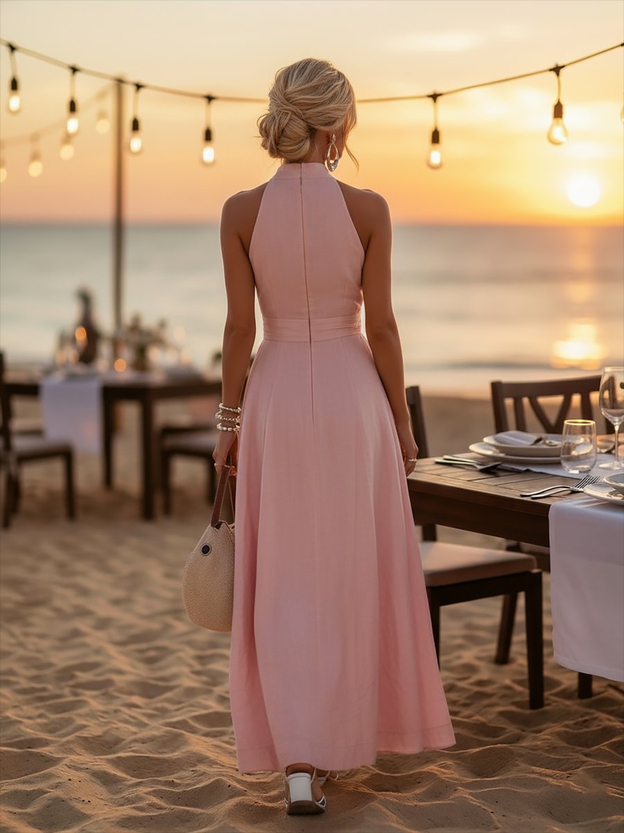 Women's Deep V-Halter Ruched Waist Flowy Linen-Blend Maxi Dress