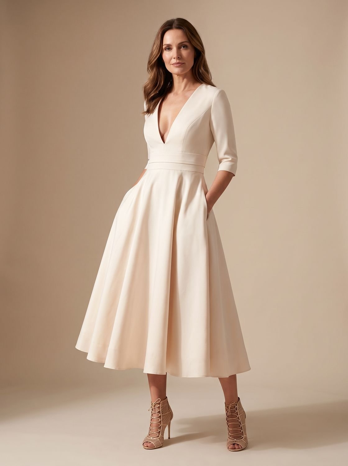 Women's Deep V-Neck A-Line Midi Cocktail Dress