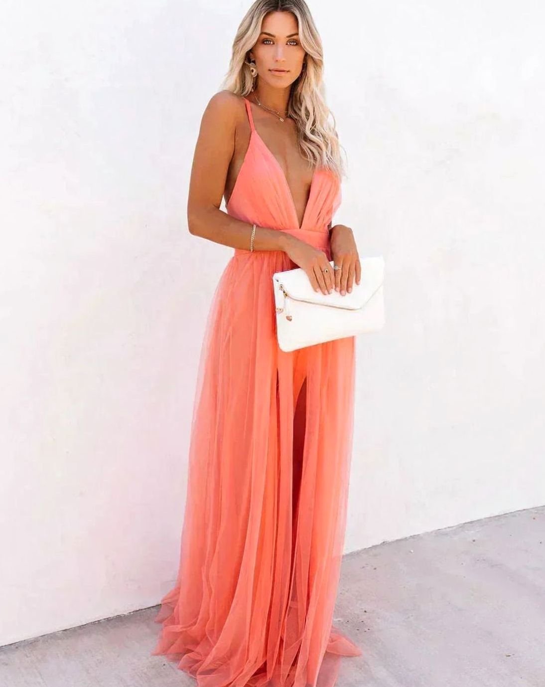 Women's Deep V-Neck Backless Tulle Maxi Dress Spaghetti Strap - Orange