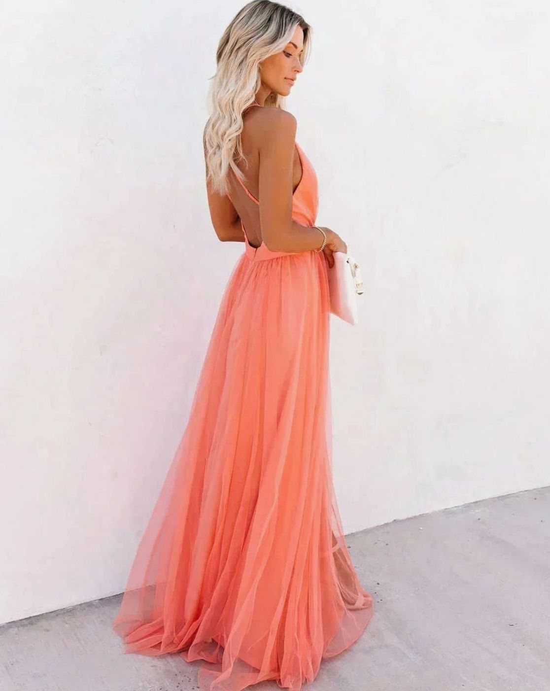 Women's Deep V-Neck Backless Tulle Maxi Dress Spaghetti Strap