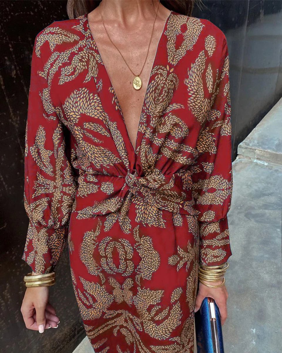 Women's Deep V-Neck Long Sleeve Formal & Evening Dress Printed Maxi - Red