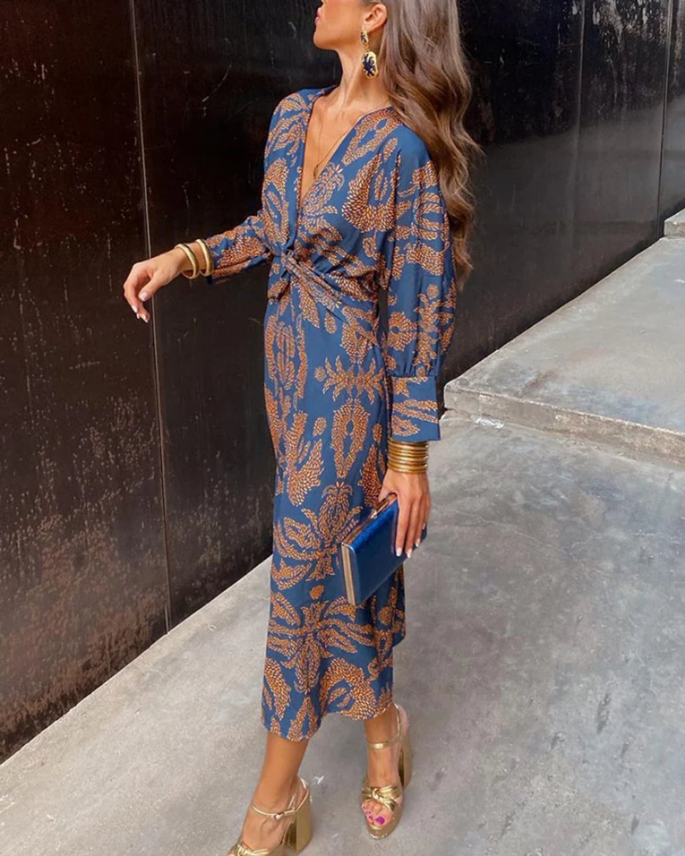 Women's Deep V-Neck Long Sleeve Formal & Evening Dress Printed Maxi