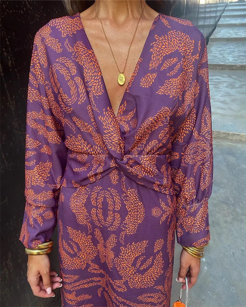Women's Deep V-Neck Long Sleeve Formal & Evening Dress Printed Maxi - Pink