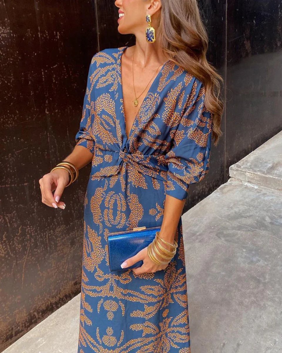 Women's Deep V-Neck Long Sleeve Formal & Evening Dress Printed Maxi