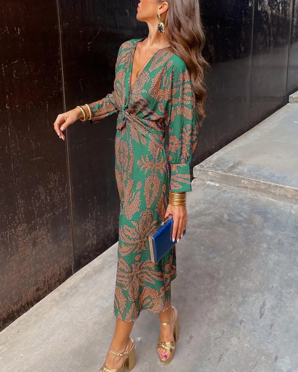 Women's Deep V-Neck Long Sleeve Formal & Evening Dress Printed Maxi
