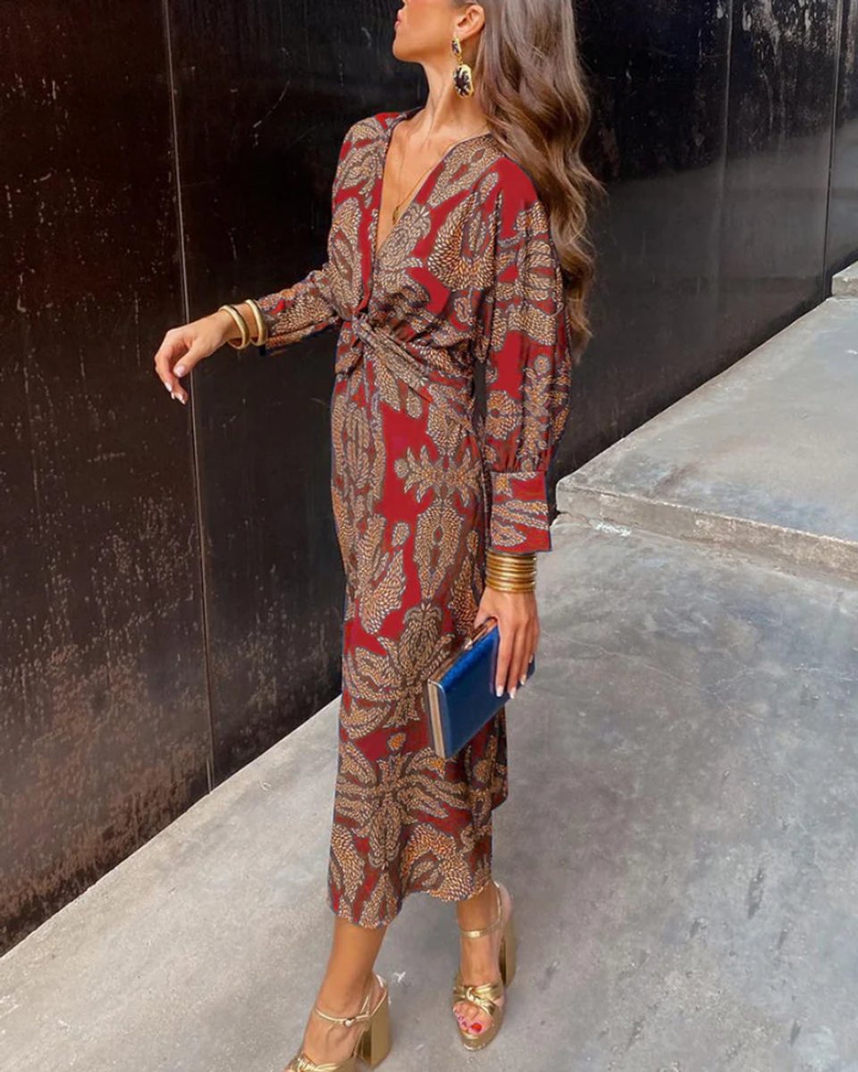 Women's Deep V-Neck Long Sleeve Formal & Evening Dress Printed Maxi