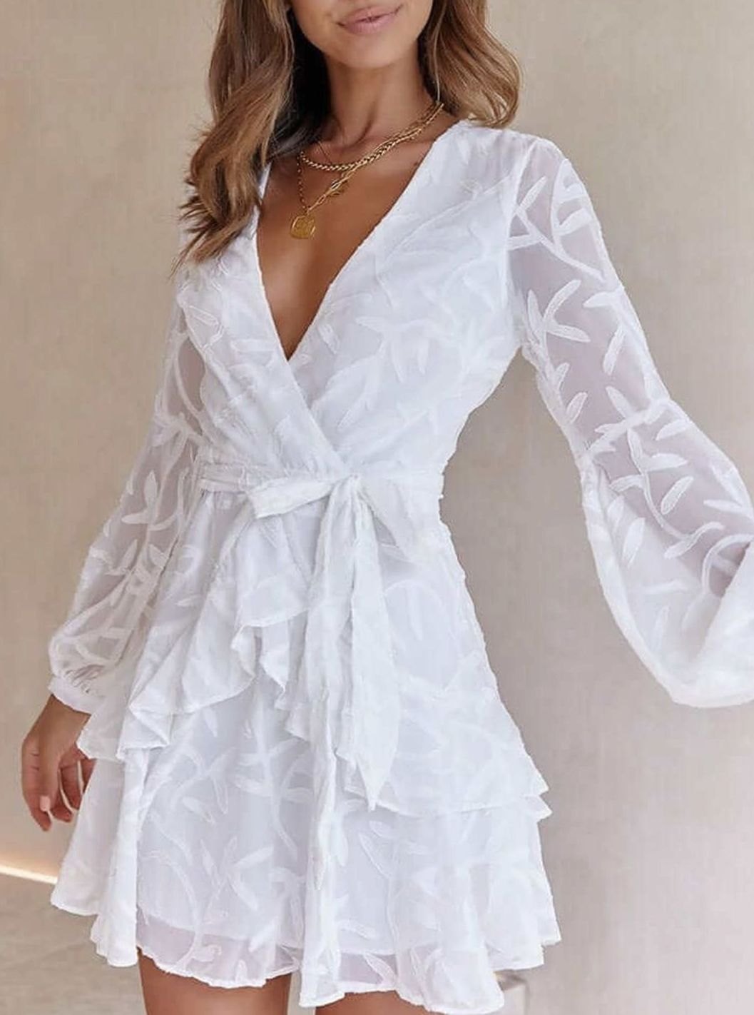 Women's Deep V-Neck Long-Sleeve Ruffle Wedding Guest Dress