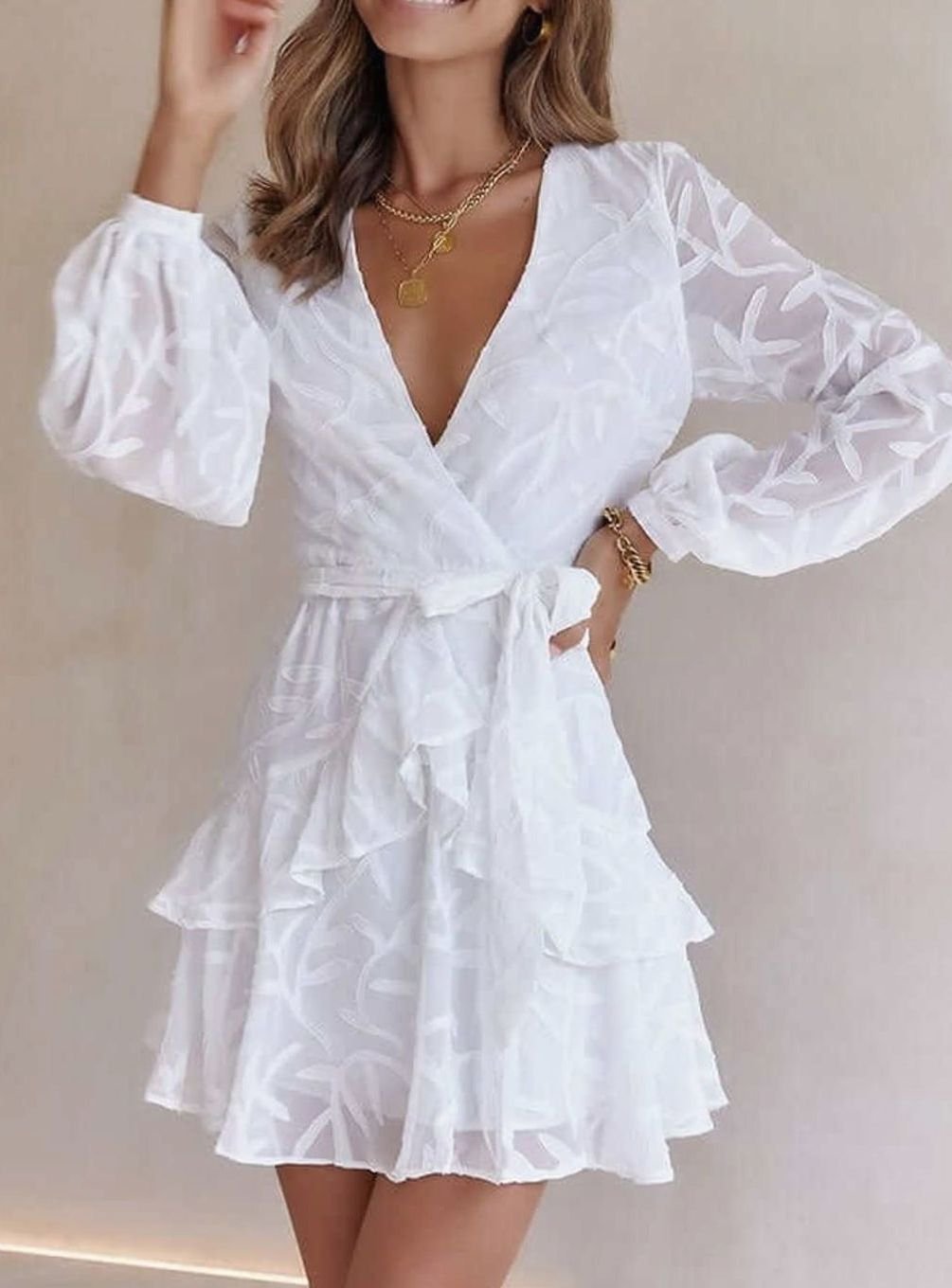 Women's Deep V-Neck Long-Sleeve Ruffle Wedding Guest Dress - White