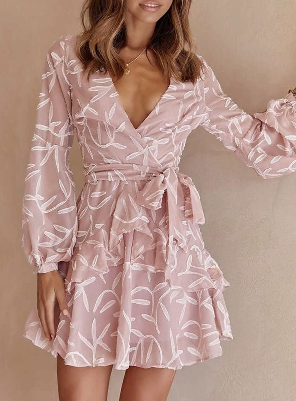 Women's Deep V-Neck Long-Sleeve Ruffle Wedding Guest Dress - Pink