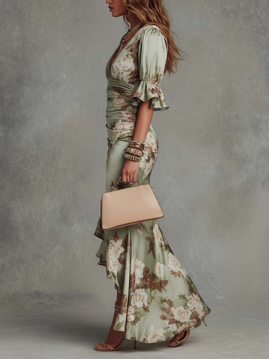 Women's Deep V-Neck Ruched Floral Summer Dress Mermaid Maxi