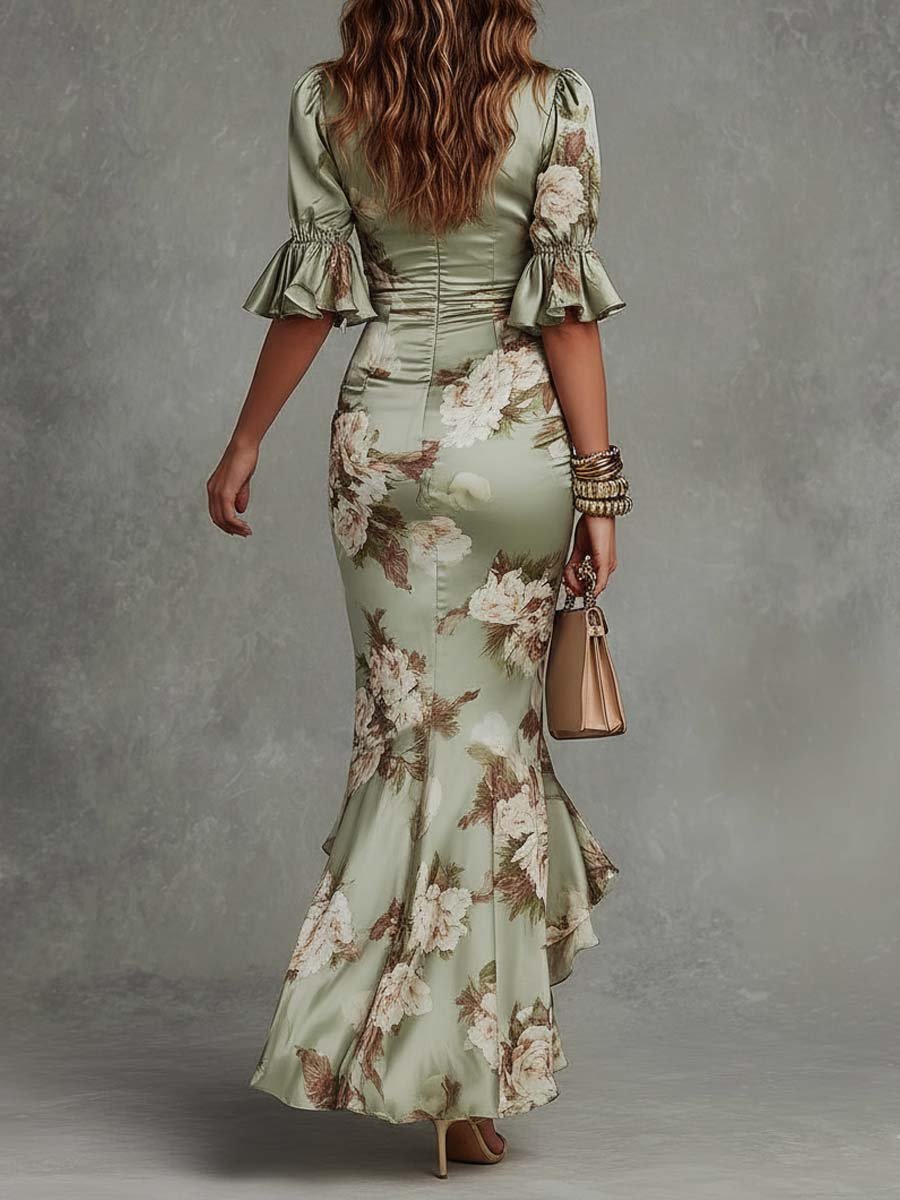 Women's Deep V-Neck Ruched Floral Summer Dress Mermaid Maxi