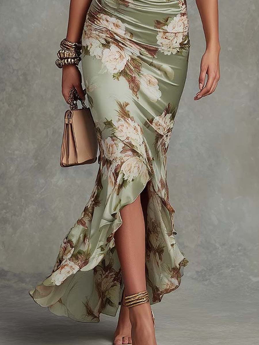 Women's Deep V-Neck Ruched Floral Summer Dress Mermaid Maxi