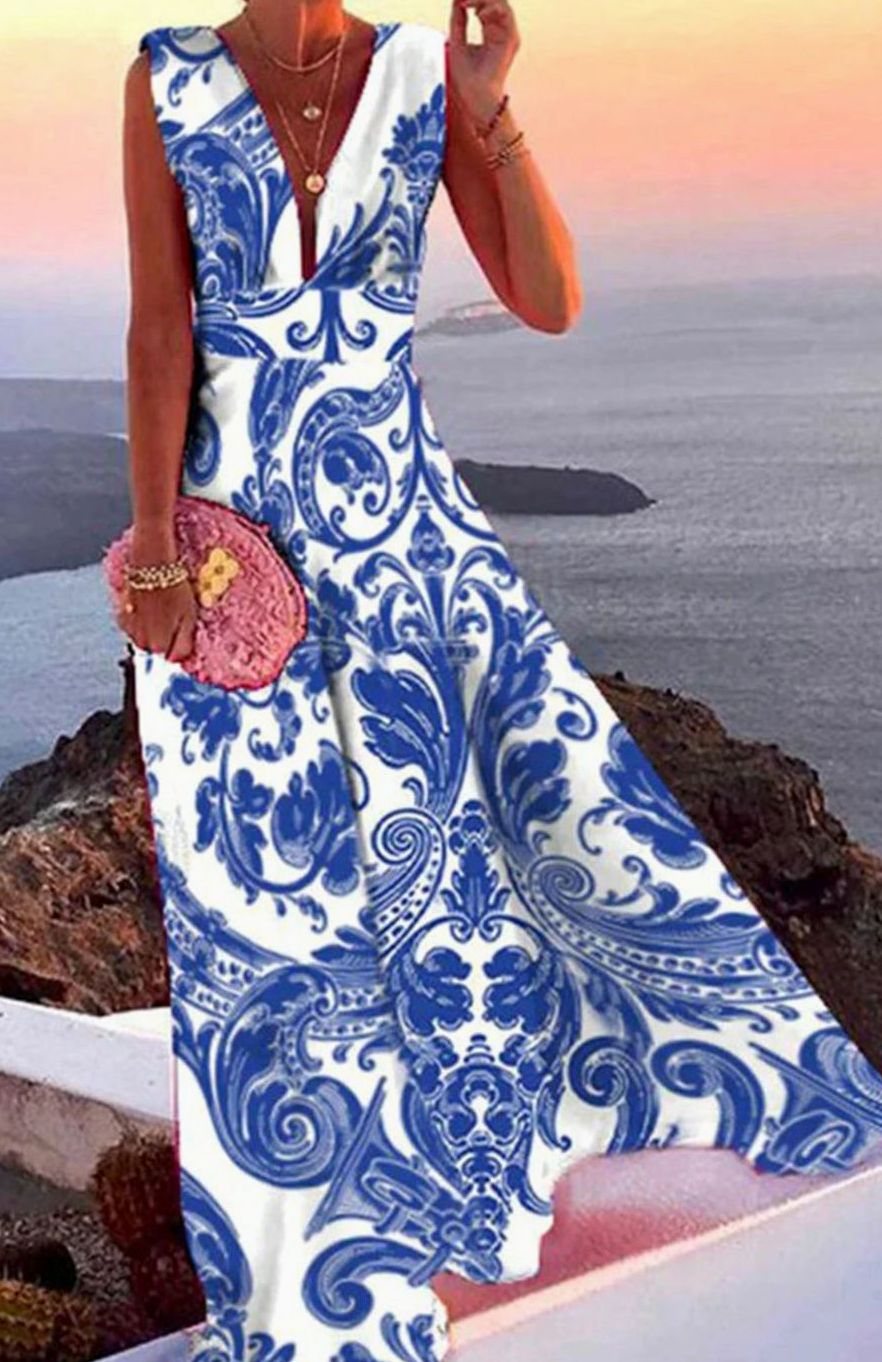 Women's Deep V-Neck Sleeveless A-Line Maxi Dress - Blue White