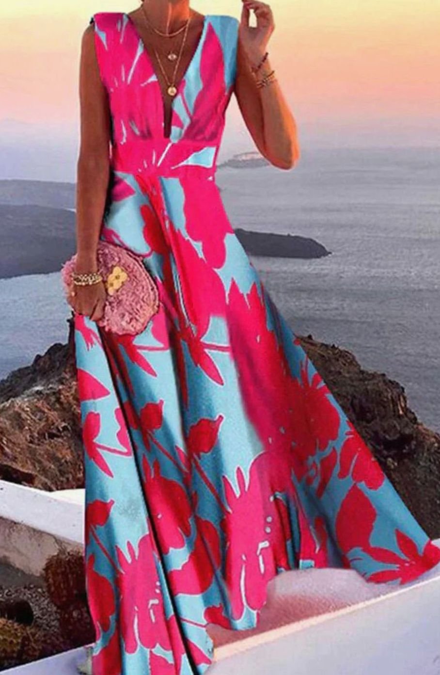 Women's Deep V-Neck Sleeveless A-Line Maxi Dress - Pink Blue