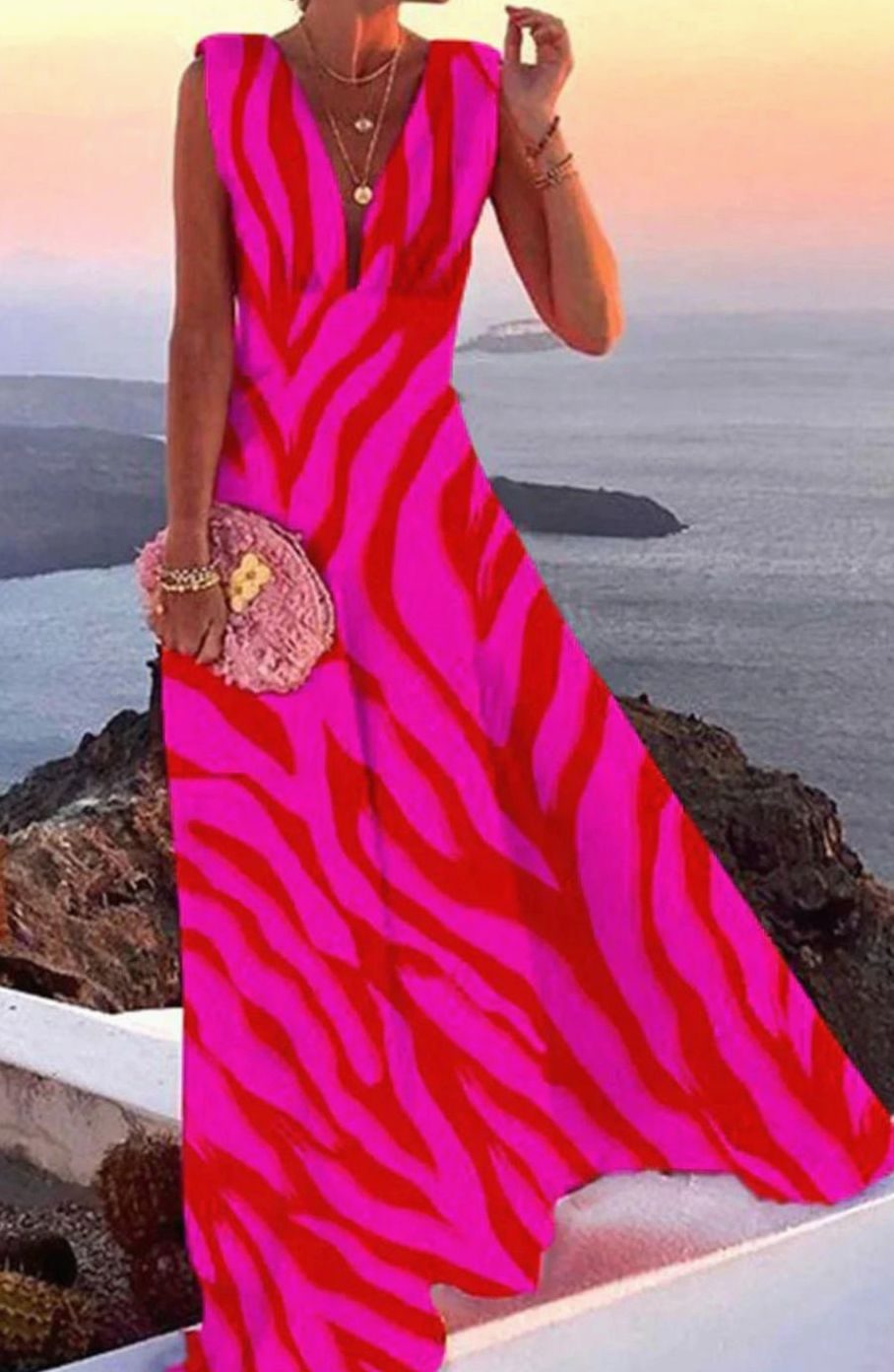 Women's Deep V-Neck Sleeveless A-Line Maxi Dress - Pink Red