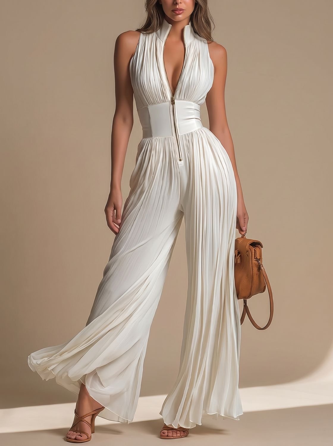 Women's Deep V-Neck Sleeveless Pleated Wide-Leg Chiffon Jumpsuit - White