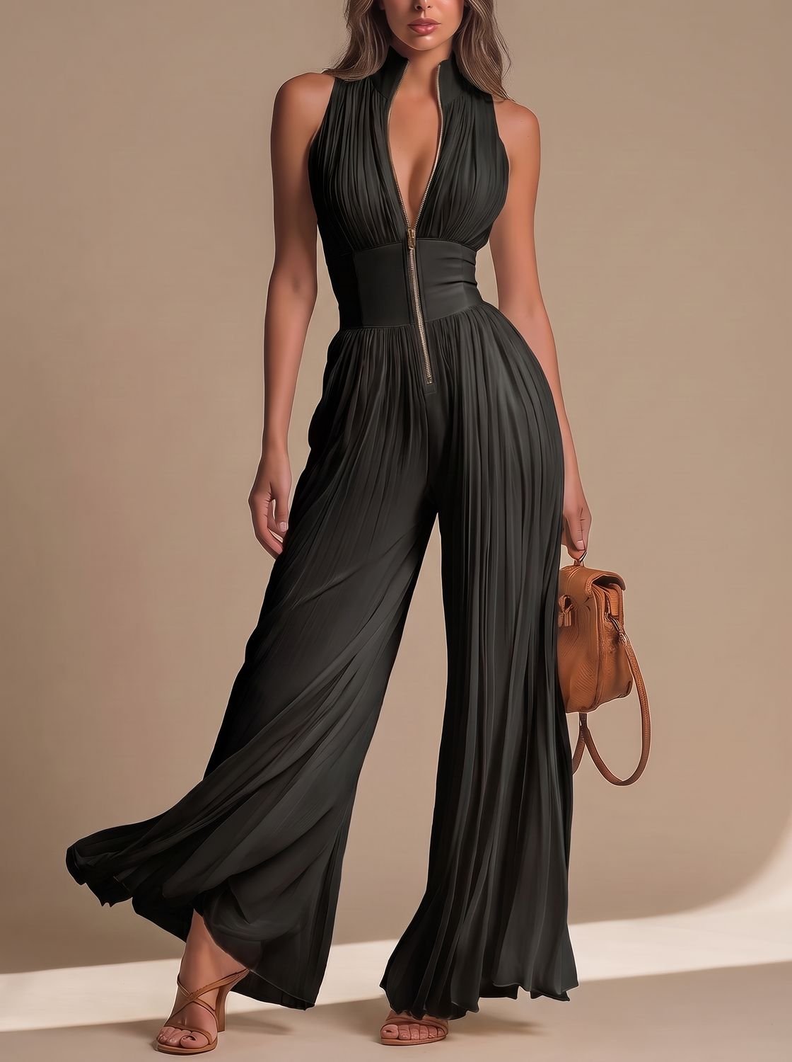 Women's Deep V-Neck Sleeveless Pleated Wide-Leg Chiffon Jumpsuit - Black