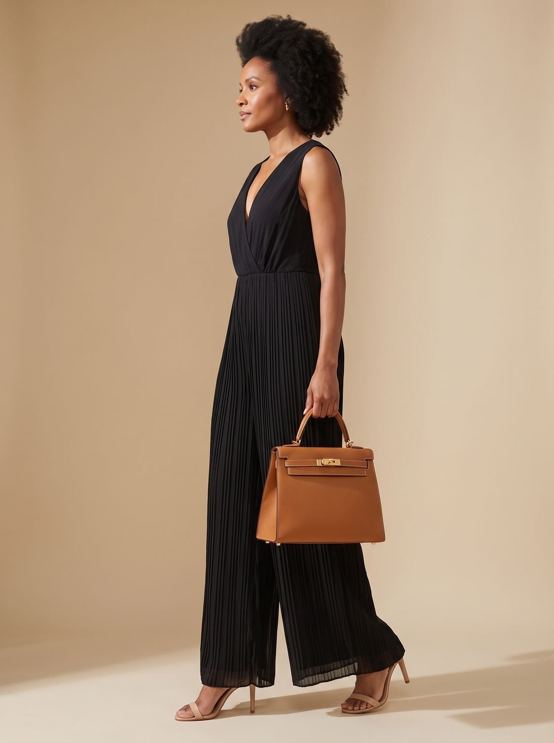 Women's Deep V-Neck Sleeveless Pleated Wide-Leg Chiffon Jumpsuit