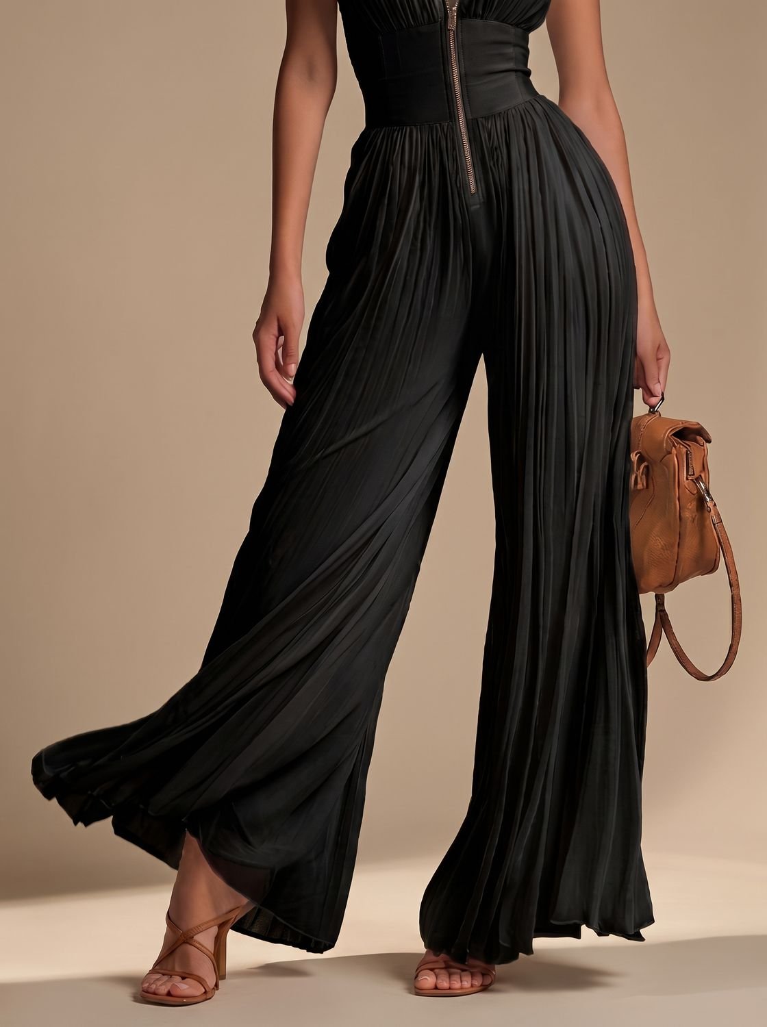 Women's Deep V-Neck Sleeveless Pleated Wide-Leg Chiffon Jumpsuit