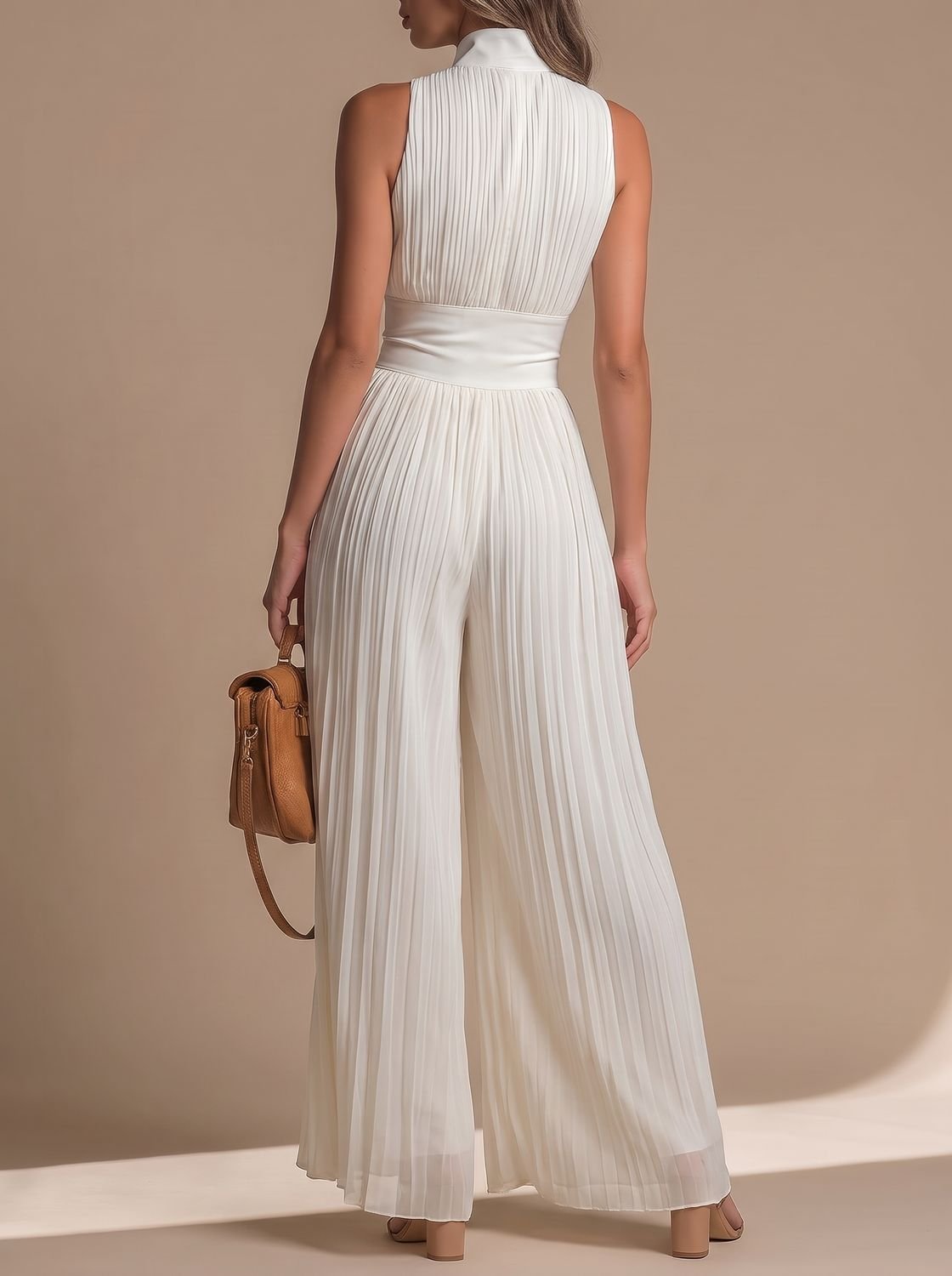 Women's Deep V-Neck Sleeveless Pleated Wide-Leg Chiffon Jumpsuit