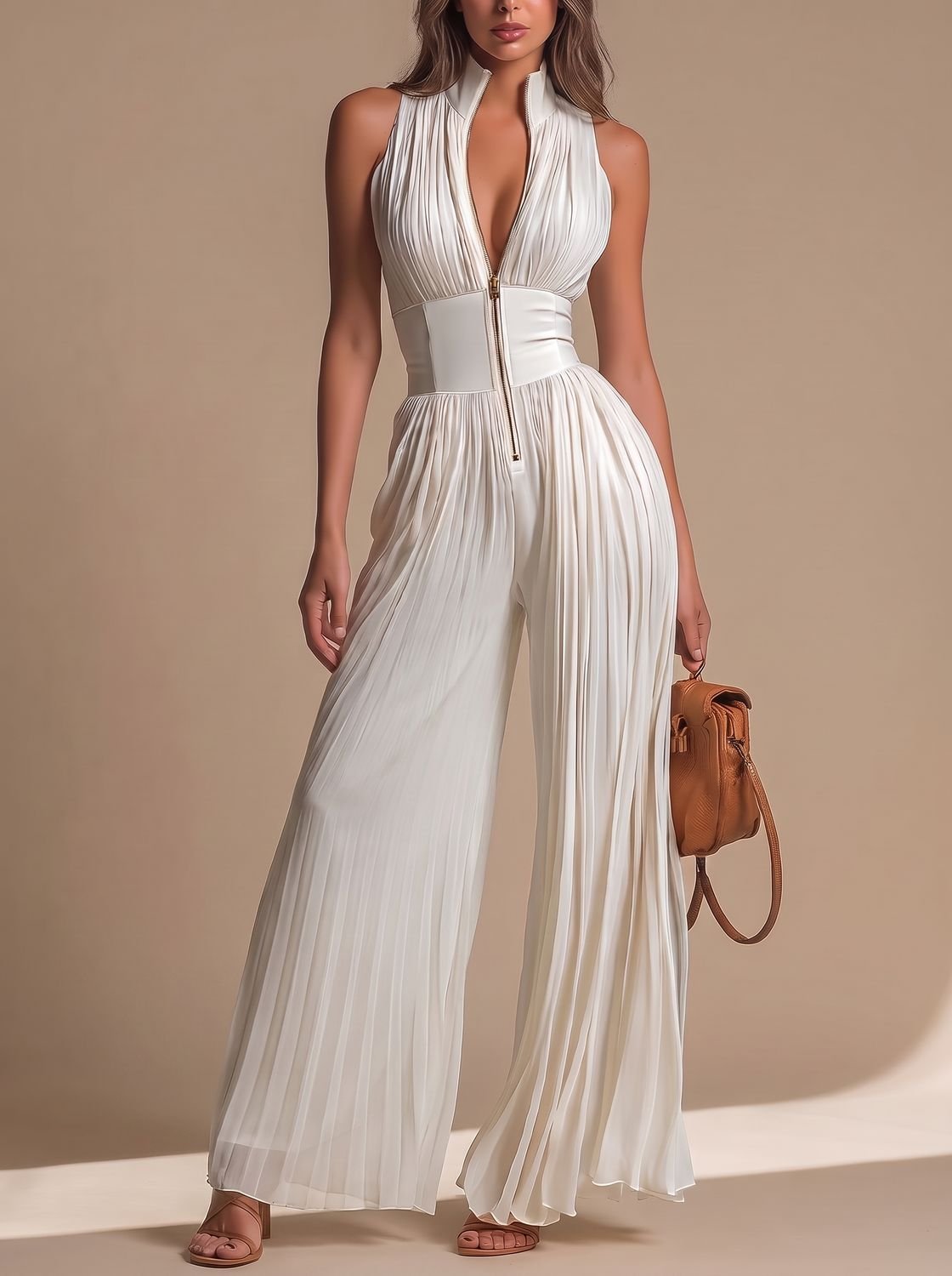 Women's Deep V-Neck Sleeveless Pleated Wide-Leg Chiffon Jumpsuit