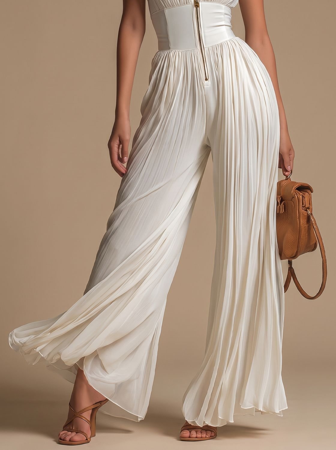 Women's Deep V-Neck Sleeveless Pleated Wide-Leg Chiffon Jumpsuit