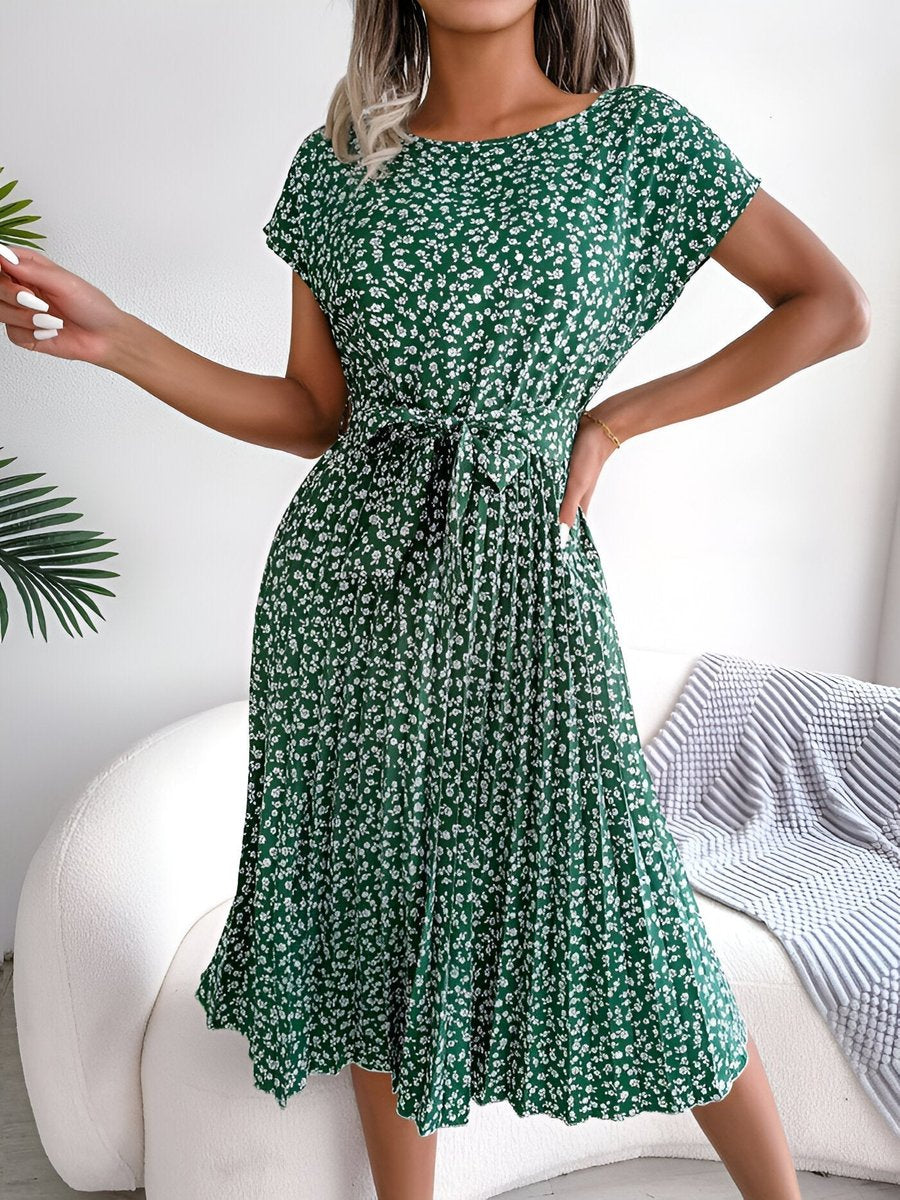 Women's Ditsy Floral Dress Pleated A-Line Belted Midi - Green