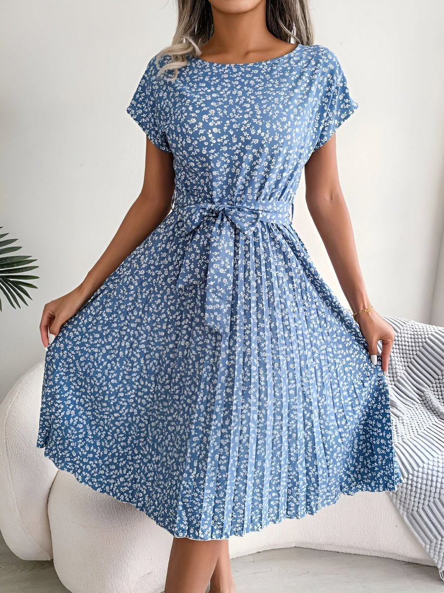 Women's Ditsy Floral Dress Pleated A-Line Belted Midi - Light Blue