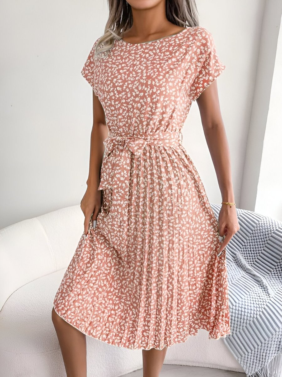 Women's Ditsy Floral Dress Pleated A-Line Belted Midi - Lotus Pink