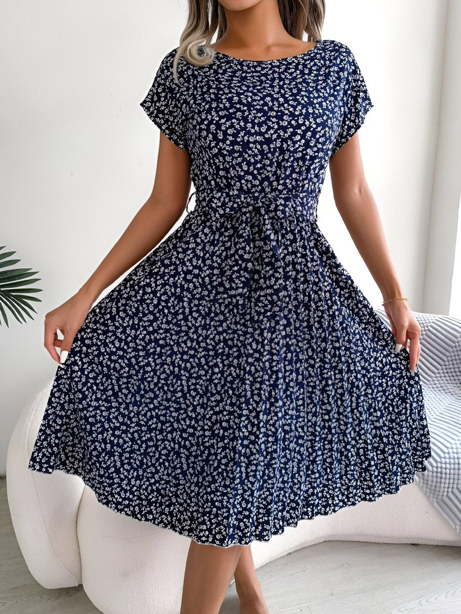 Women's Ditsy Floral Dress Pleated A-Line Belted Midi - Navy Blue