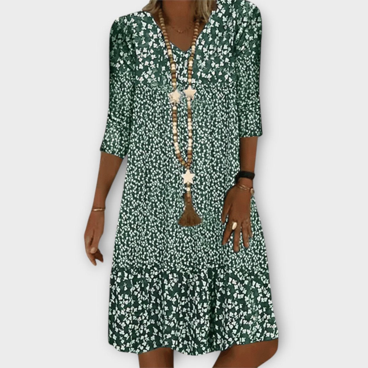 Women's Ditsy Floral Summer Dress V-Neck Three-Quarter Sleeve Midi - Green