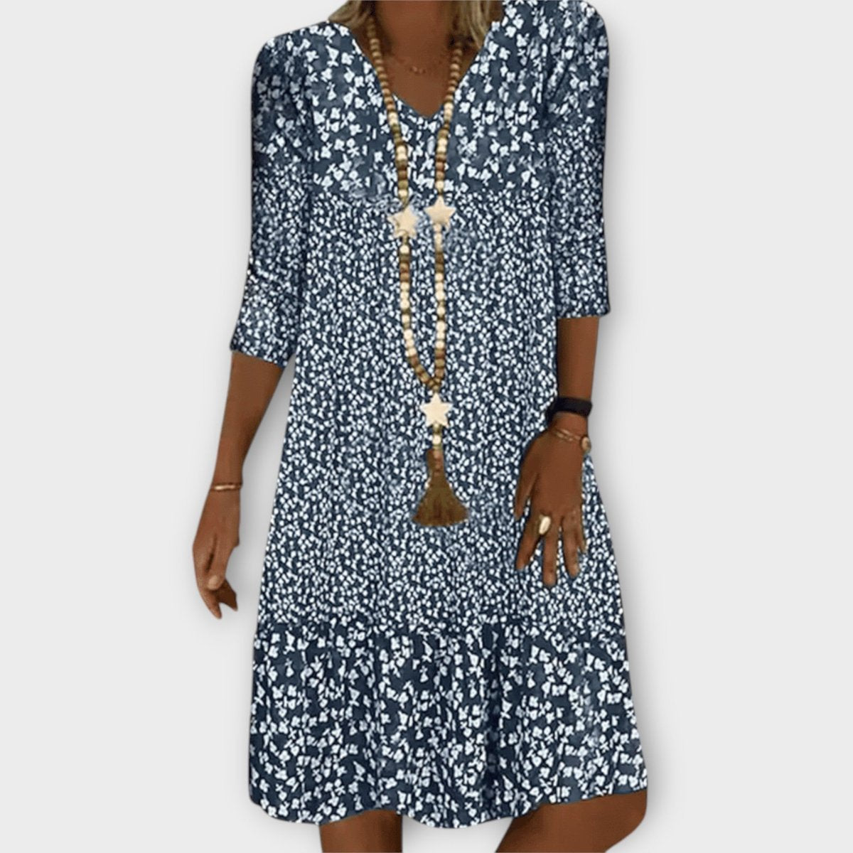 Women's Ditsy Floral Summer Dress V-Neck Three-Quarter Sleeve Midi - Blue