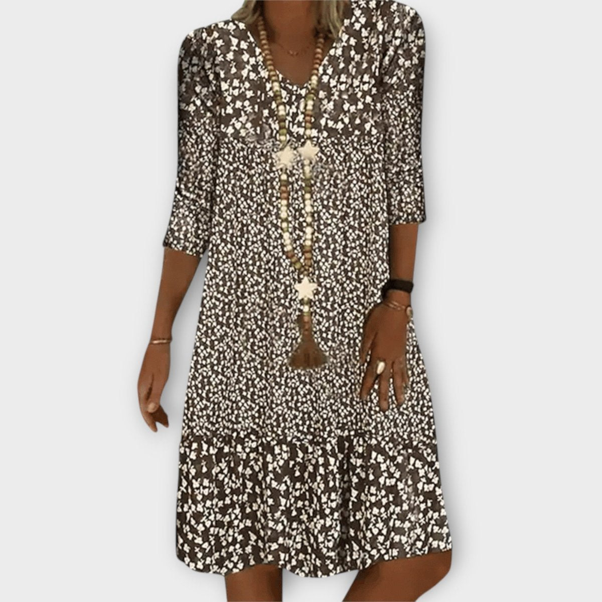 Women's Ditsy Floral Summer Dress V-Neck Three-Quarter Sleeve Midi - Brown