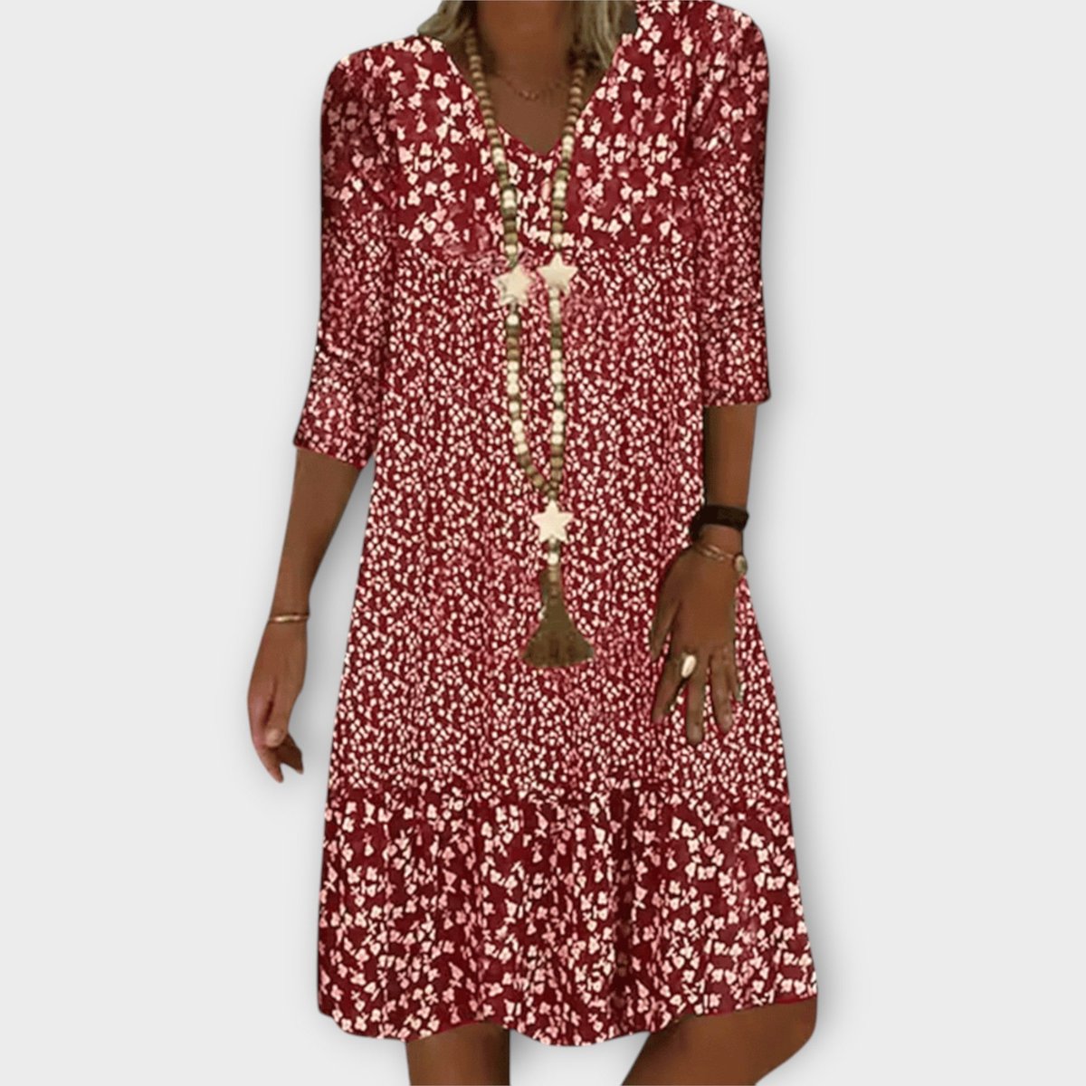 Women's Ditsy Floral Summer Dress V-Neck Three-Quarter Sleeve Midi - Red