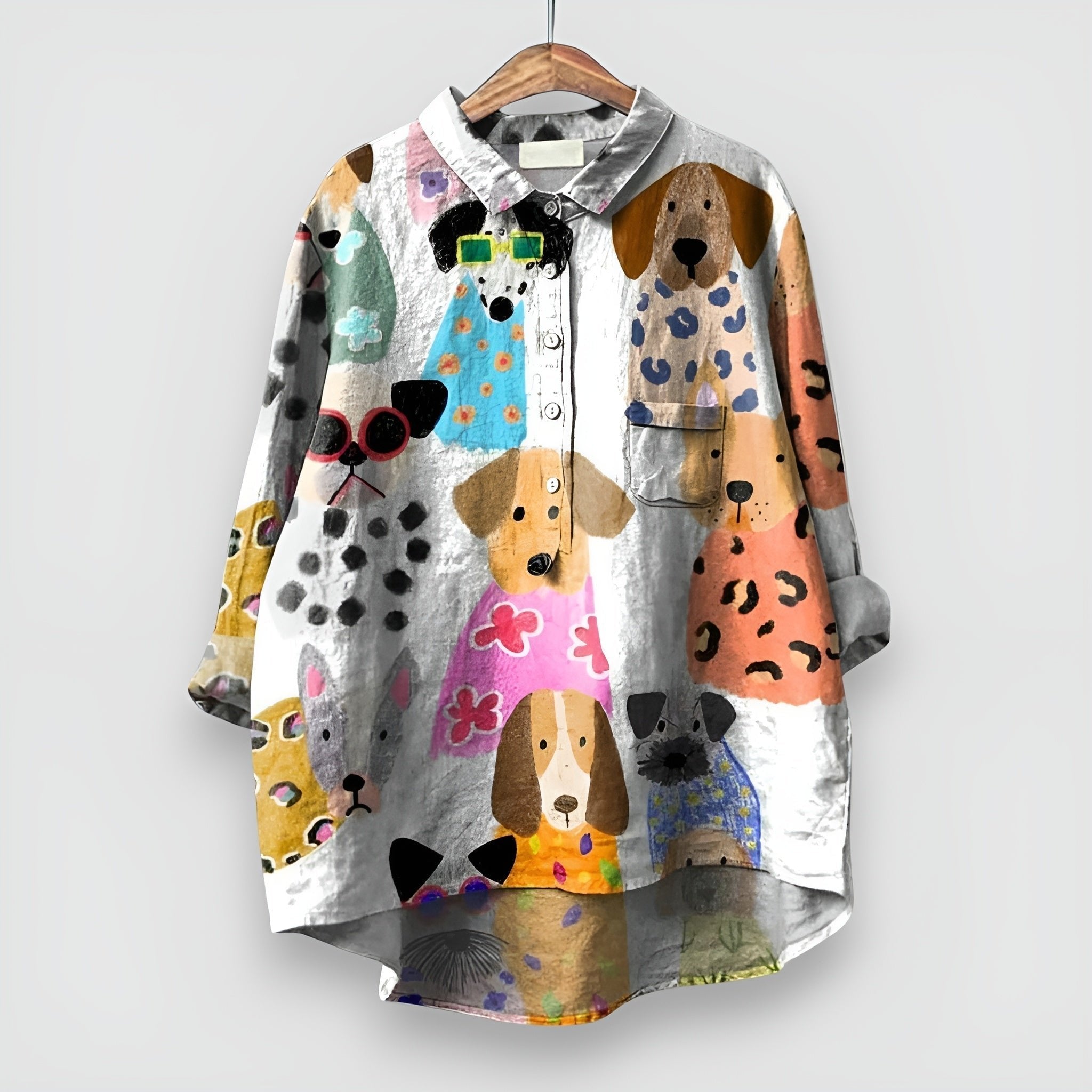 Women's Dog Print Long Sleeve Button Shirt - White