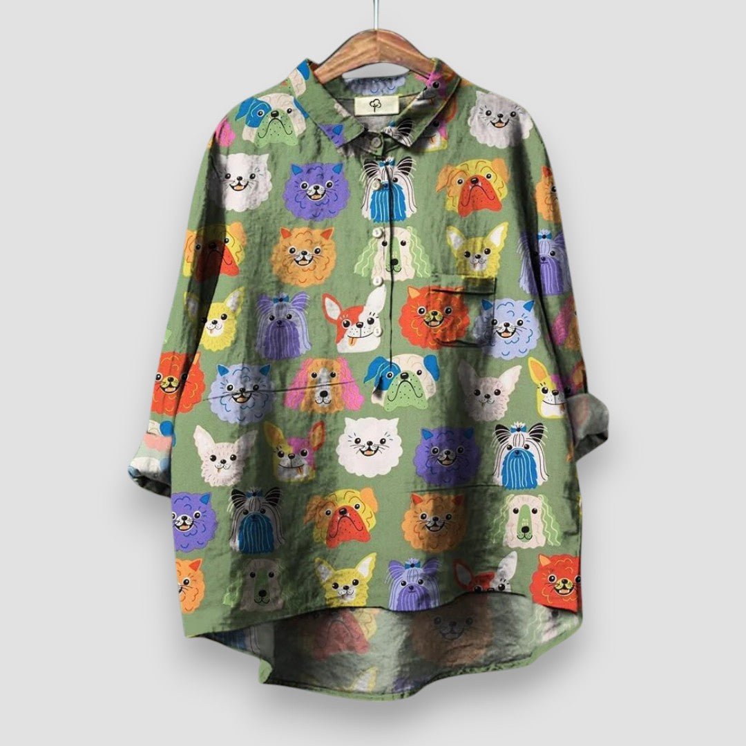 Women's Dog Print Long Sleeve Button Shirt - Green