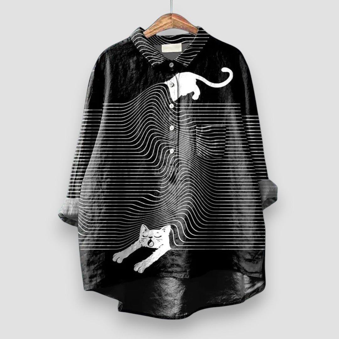 Women's Dog Print Long Sleeve Button Shirt - Black