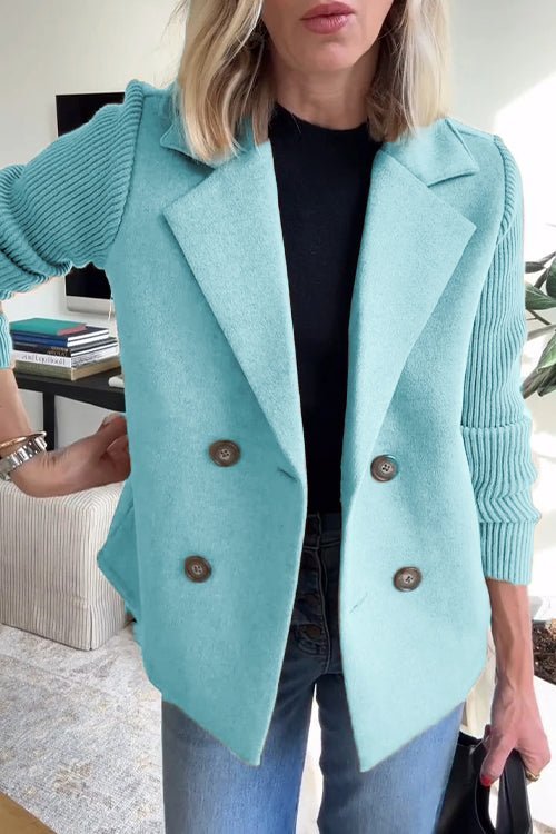 Women's Double Breasted Blazer Knit Sleeve Tailored Fit - Light Blue