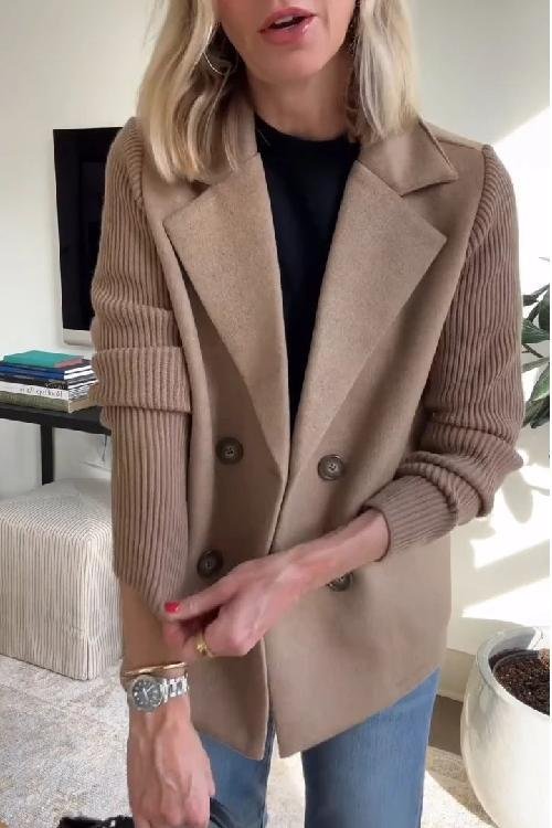 Women's Double Breasted Blazer Knit Sleeve Tailored Fit