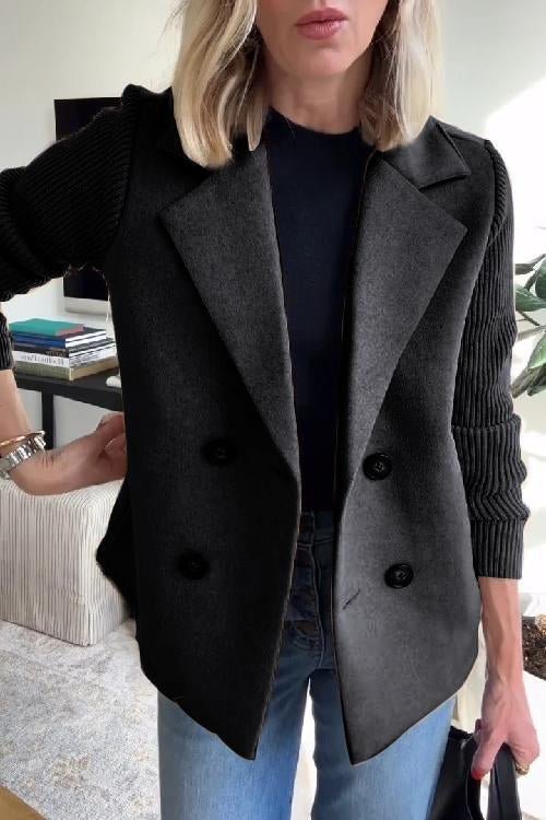 Women's Double Breasted Blazer Knit Sleeve Tailored Fit - Black